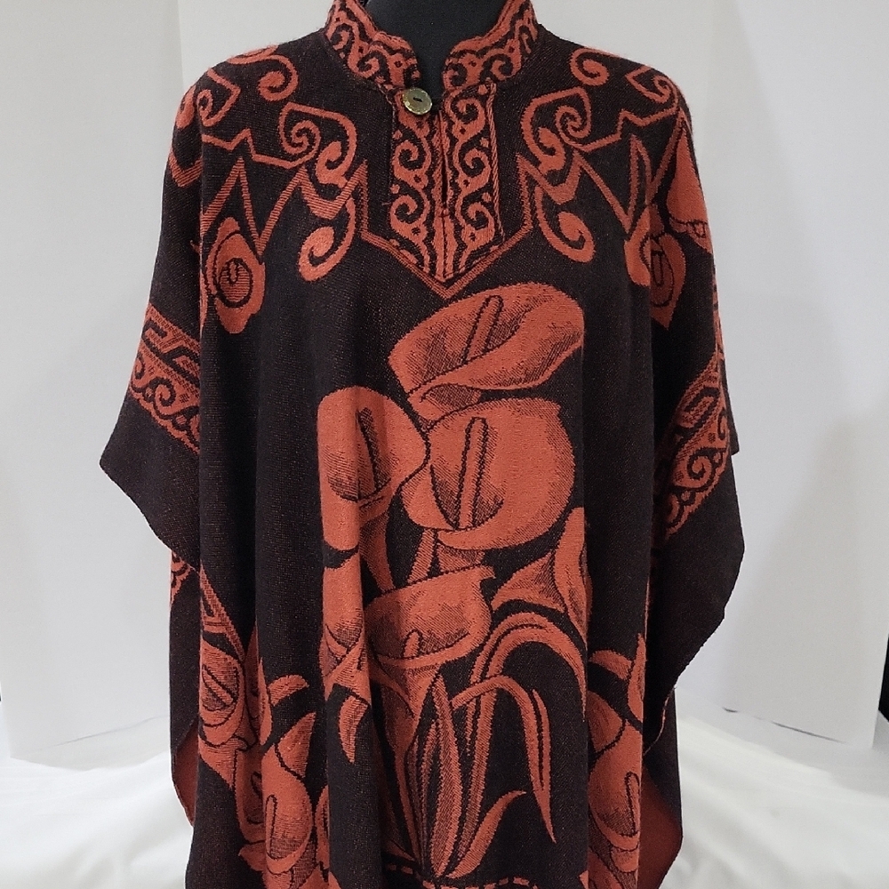 Mexican Black Orange Calla Lillies Patterned Poncho